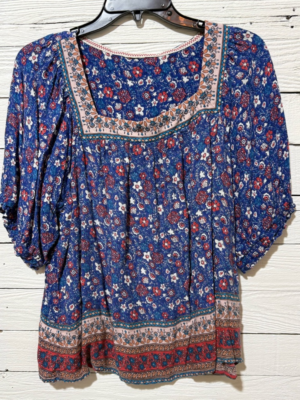 Blue Floral Peasant Blouse - Women's Casual Top